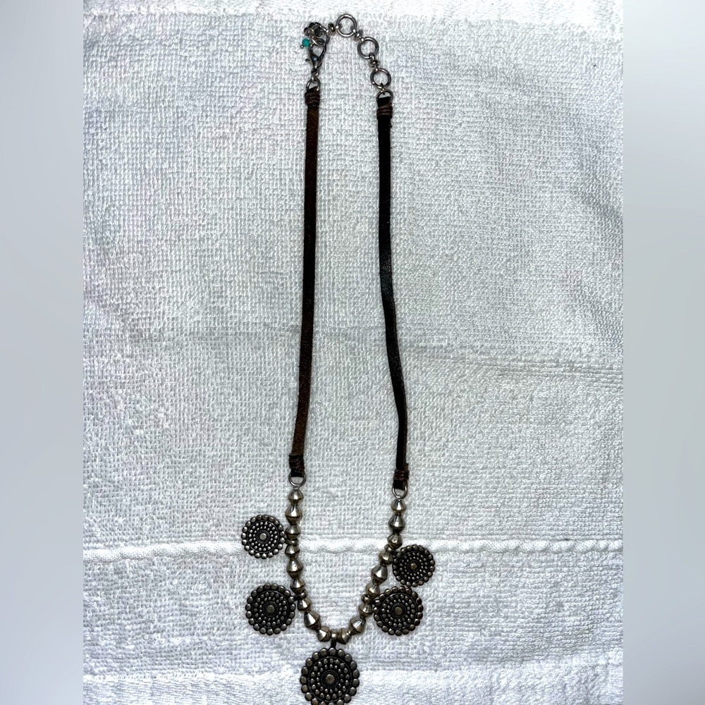 Silver pendants & brown leather statement necklace - LUCKY BRAND